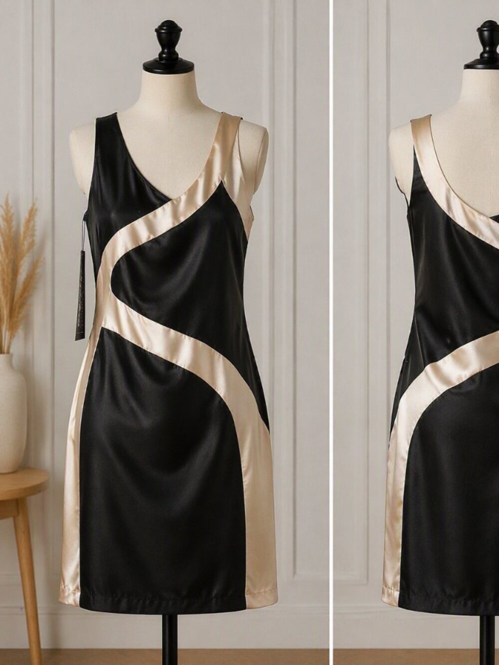 Elegant Black & Champagne Satin Dress – Timeless Glam